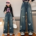 thumbnail image 2 of NOLDARES Girl's Jeans Baggy Wide Straight Leg High Elastic Waisted Denim Pants Kid 7-14Y with Streetwear(Blue,6-7 Years), 2 of 9