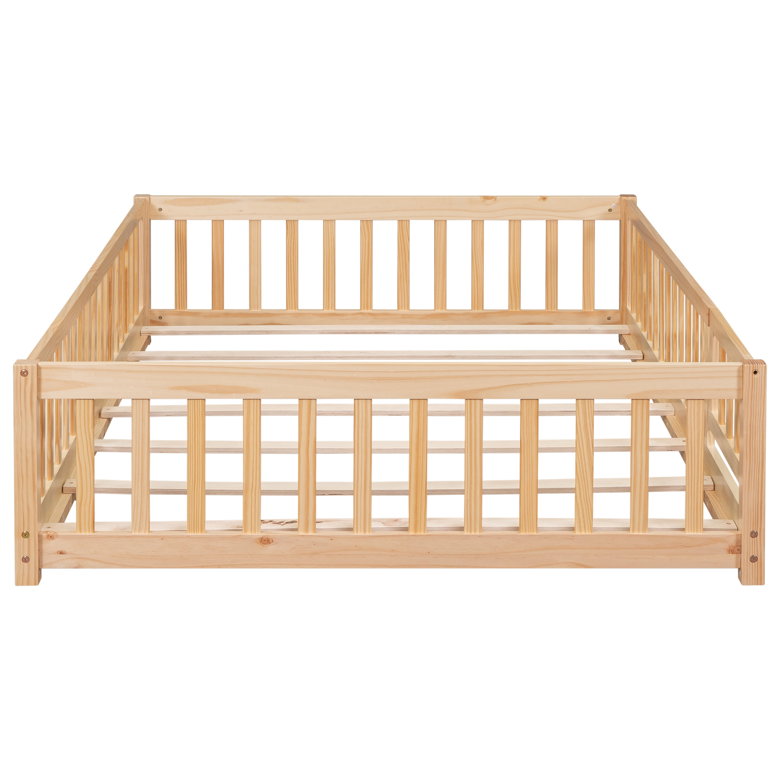 Miniyam Full Size Toddler Floor Bed with Fence, Natural