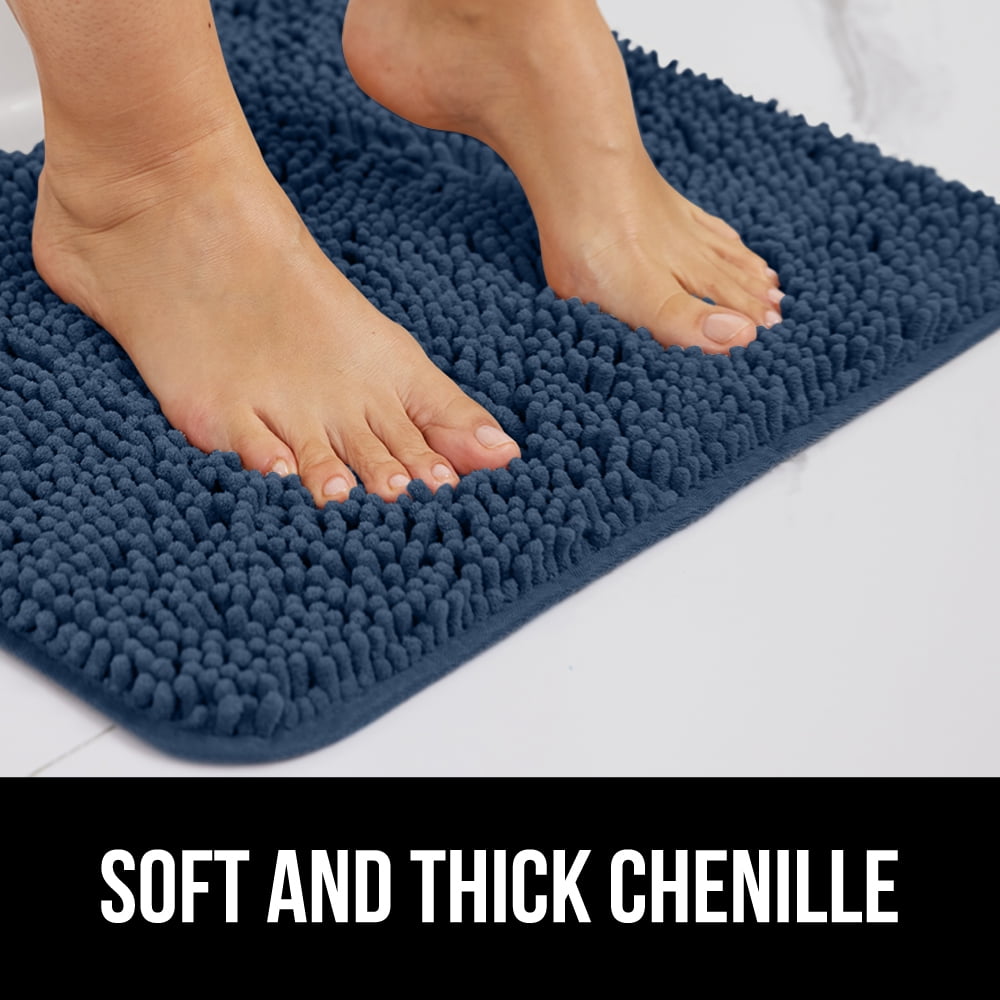 GORILLA GRIP Chenille Bath Rug 24x16, Rubber Backing Quick Dry Washable Microfiber Mats, Navy