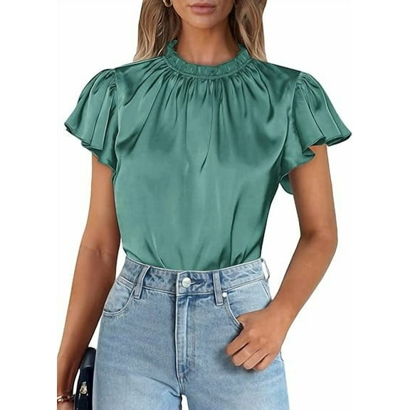 PRETTYGARDEN Business Casual Tops for Women Blouses Dressy Summer Short Sleeve Ruffle Satin Work Office Attire