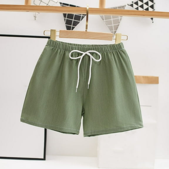 CYRBOKO Girls Summer Shorts, Cotton Solid Color Elastic Waist Loose Casual Shorts Green Size 13-14T