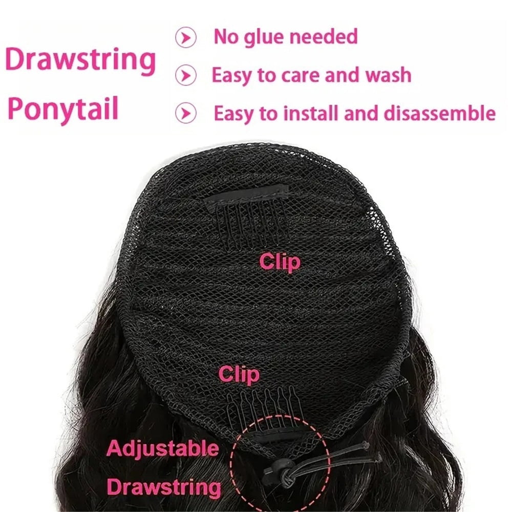 Drawstring Ponytail 10-26 Inch Long Body Wavy Human Hair Ponytail Hairpiece Clip in Remy Hair Extension for Daily Use