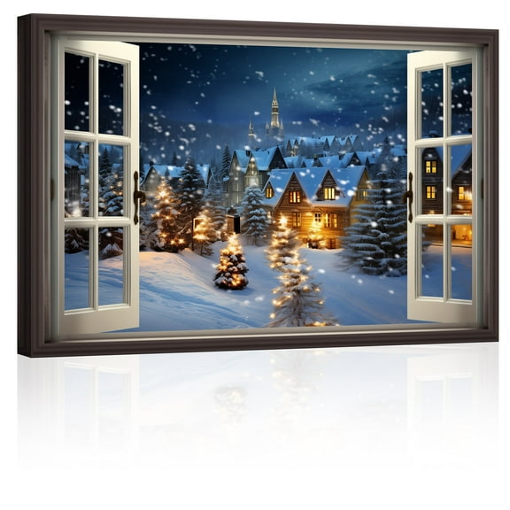 ZHONGYUTONG Christmas Canvas Wall Art Snow Window View Picture Prints New Year Poster (12"x18")