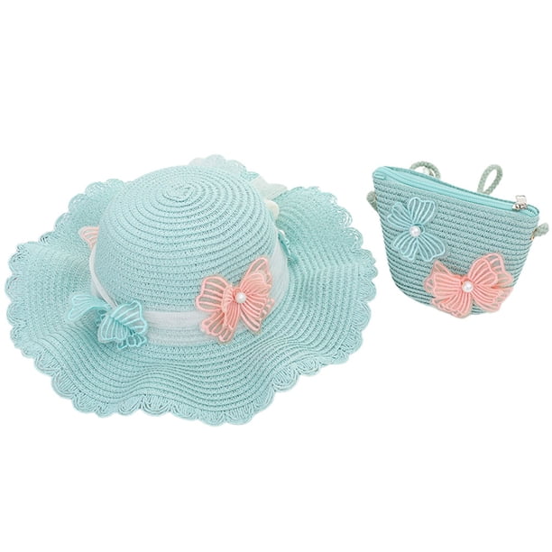 Sombrero de paja para mujer con circunferencia de 56-58 cm, sombrero de ala grande para playa, sombrero de protección solar con forma de mariposa y conjunto de bolsa de paja