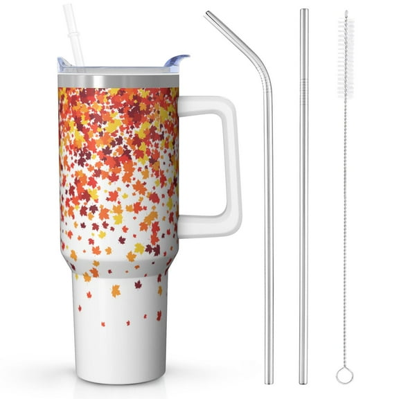 40oz Stainless Steel Tumbler w/ Straw & Lid - Vacuum Insulated Fall Maple Leaves Design, Leakproof Travel Cup