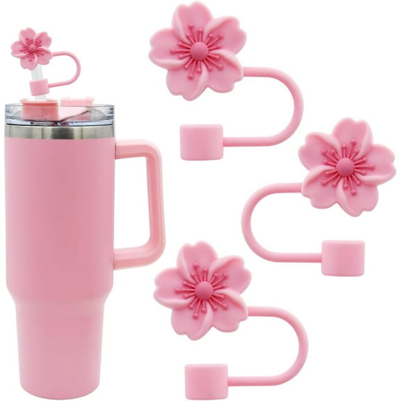 Flower Silicone Straw Cover Cap for Stanley Cup,Straw Topper 10mm 0.4in Dust-Proof Reusable Straw Tips Lids,Straw Tip Covers Gift for Party Decor (3pcs-pink-flower)
