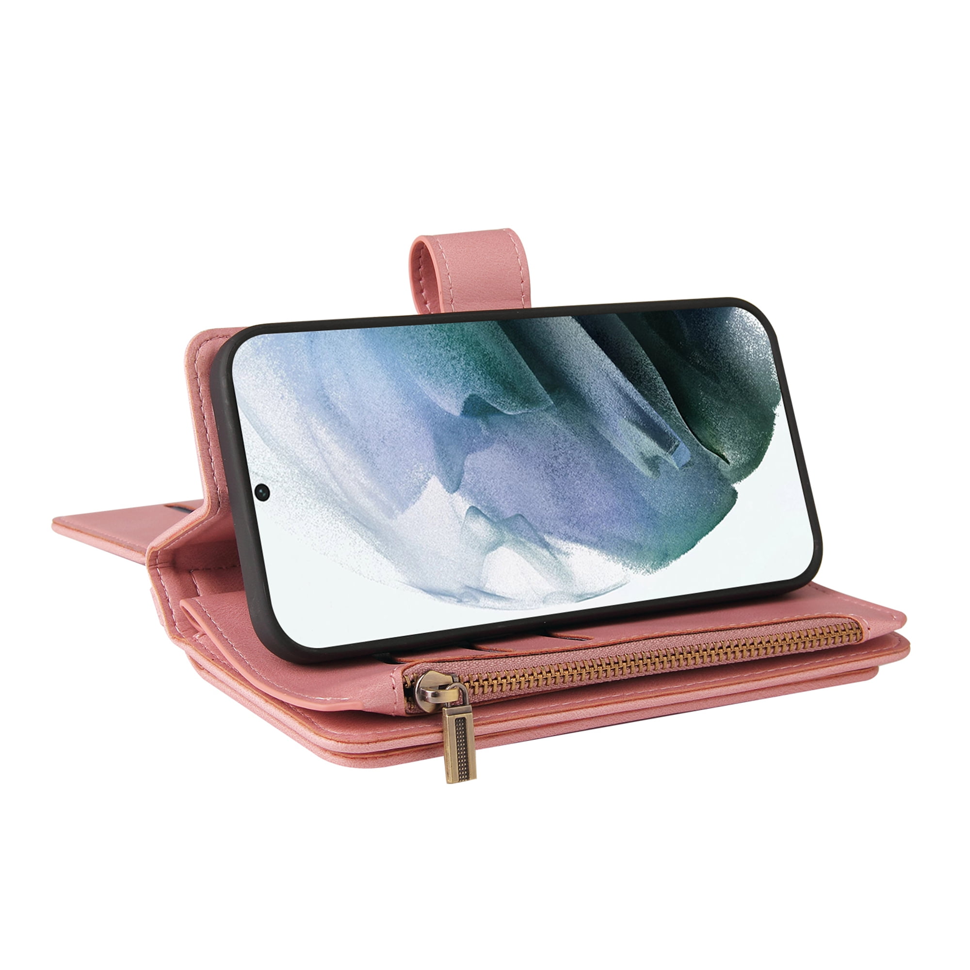 Phone Case for Samsung Galaxy S24 Ultra, S24 Ultra Wallet Case, Luxury Folio Flip Leather Cover [Zipper Pocket] [Wrist Strap] [Kickstand] for Samsung Galaxy S24 Ultra, Pink