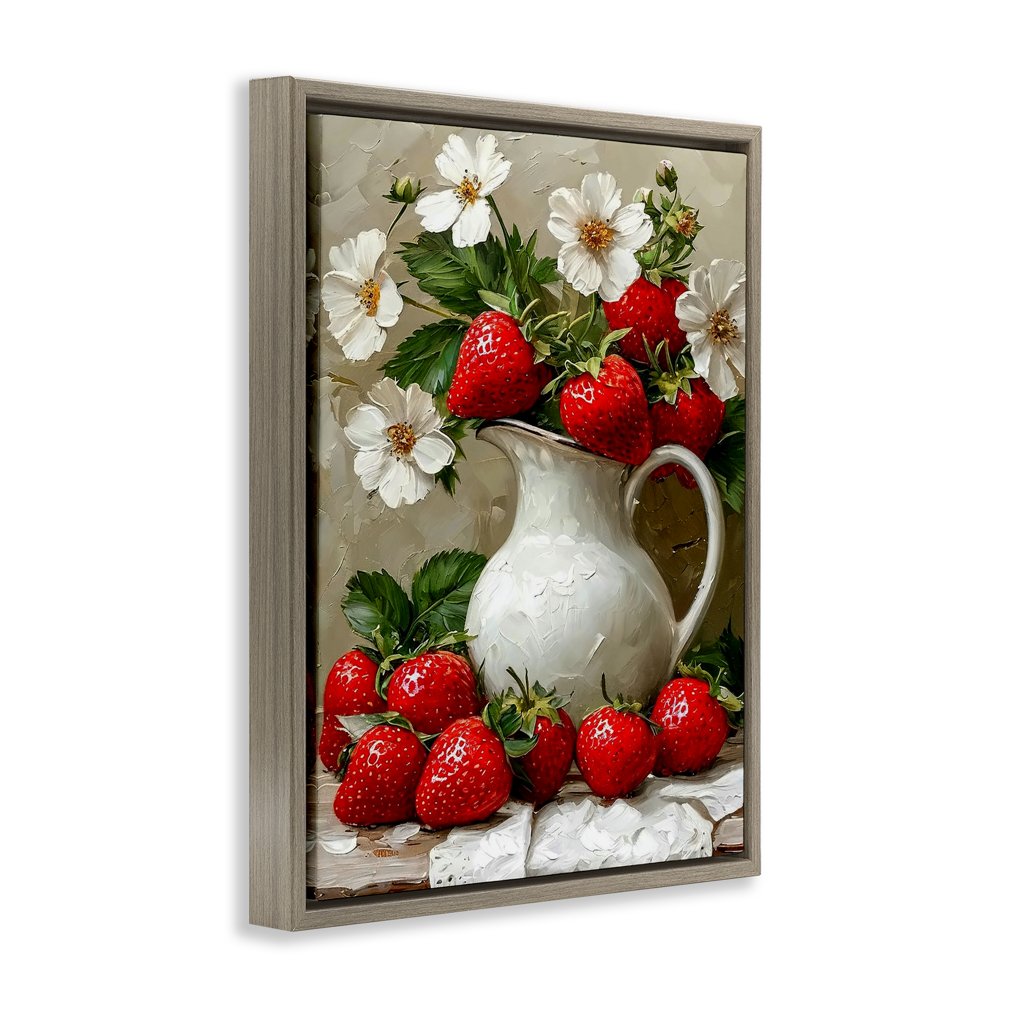 Painterly Strawberries Still Life Brown Framed Floater Canvas Wall Art, design by Lettered and Lined