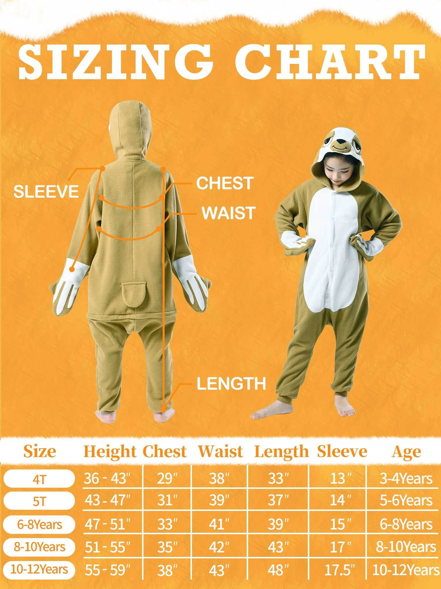 Sloth Onesie Pajama Kids Unisex Animal Costumes Polyester One-Piece Sleepwear for Boys and Girls 10-12Years