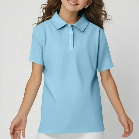 HAJWOH Junior Girls Polo Uniform Shirts Short Sleeve Tops Casual Button Tshirts 2025 Spring New Collared Golf Polo Shirts Athletic Clothing Light Blue 5-6 Years