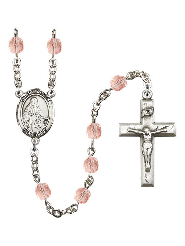 Silver Finish St Gift Boxed Veronica Rosary with 6mm Pink Color Fire Polished Beads and 1 3/8 x 3/4 inch Crucifix St Veronica Center Silver Finish St Gift Boxed Veronica Rosary with 6mm Pink Color Fire Polished Beads and 1 3/8 x 3/4 inch Crucifix St Veronica Center