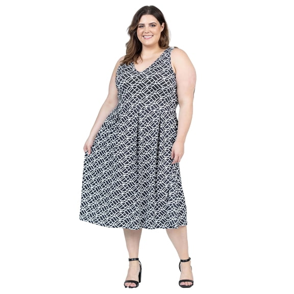 Plus Size Geometric Fit N Flare Pocket Dress
