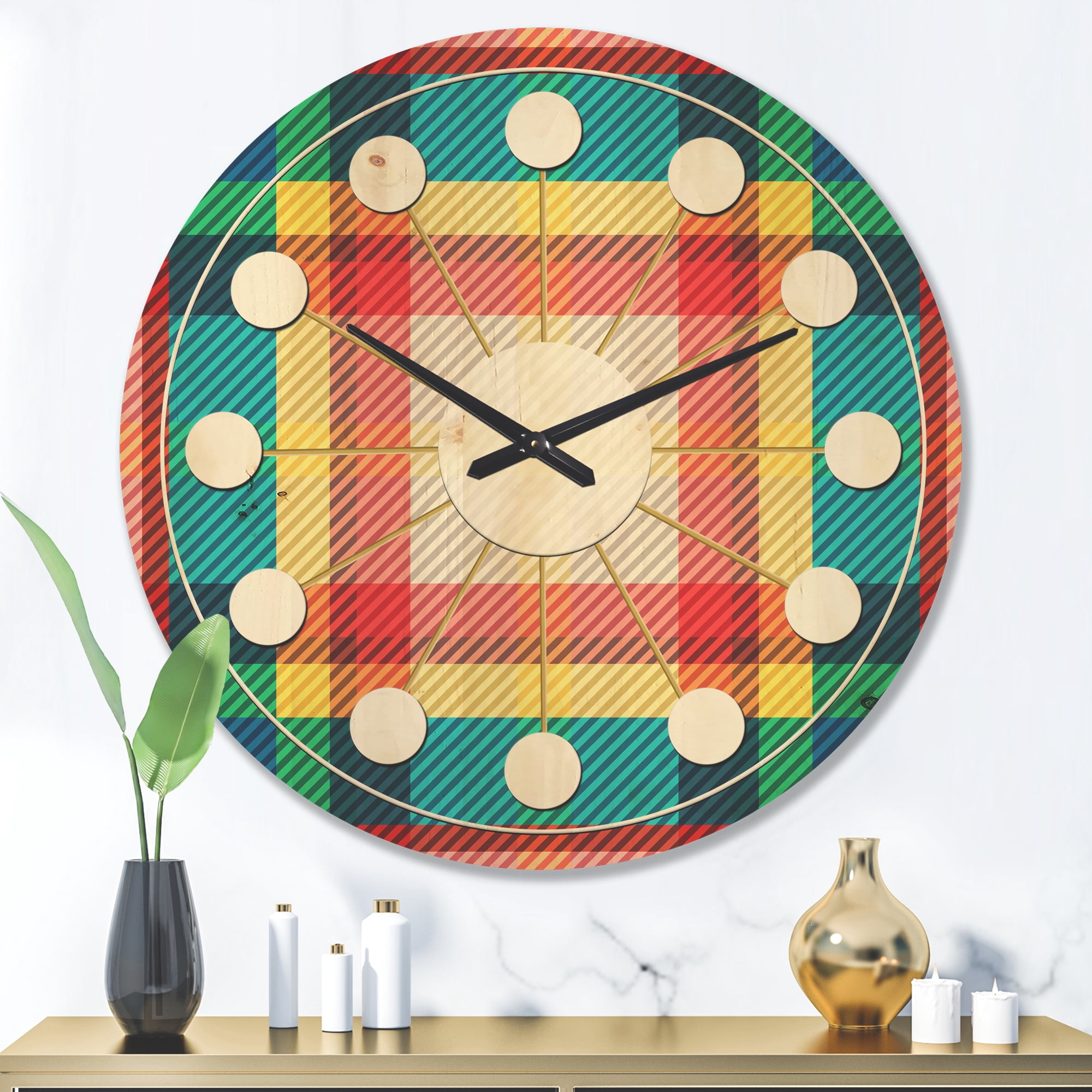 Designart 'Tartan Texture Geometrical Retro III' Mid-Century Modern Wood Wall Clock