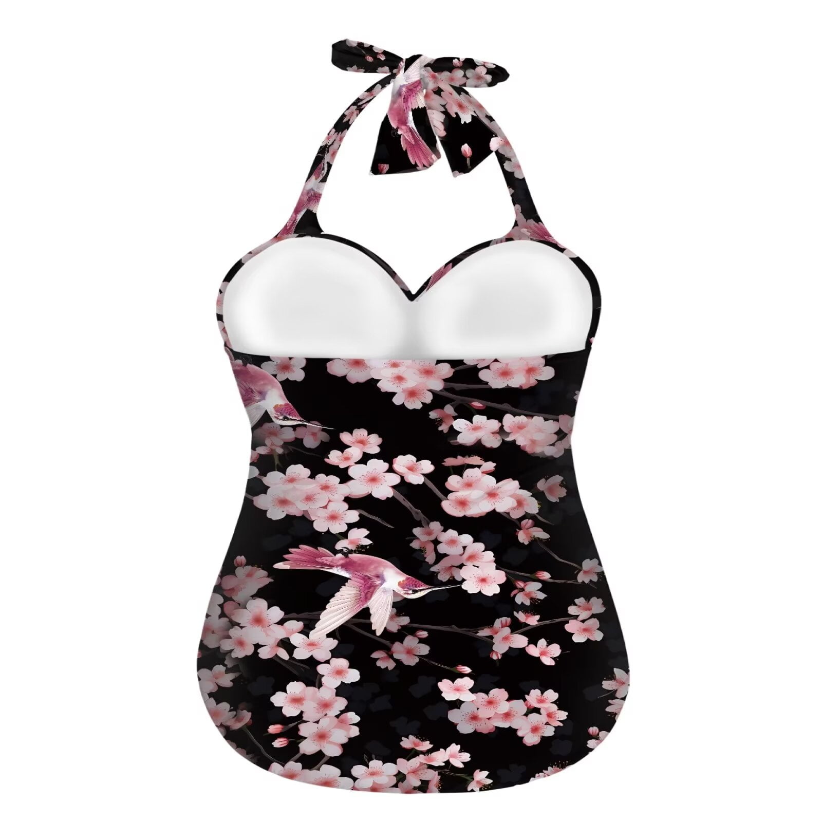 FKELYI One Piece Bikini Swimwear Cherry Blossom Hummingbird Print Women Swimsuits Halter Bathing Suits with Soft Pad Polyester Beachwear Tummy Control Monokini for Ladies Teens, L