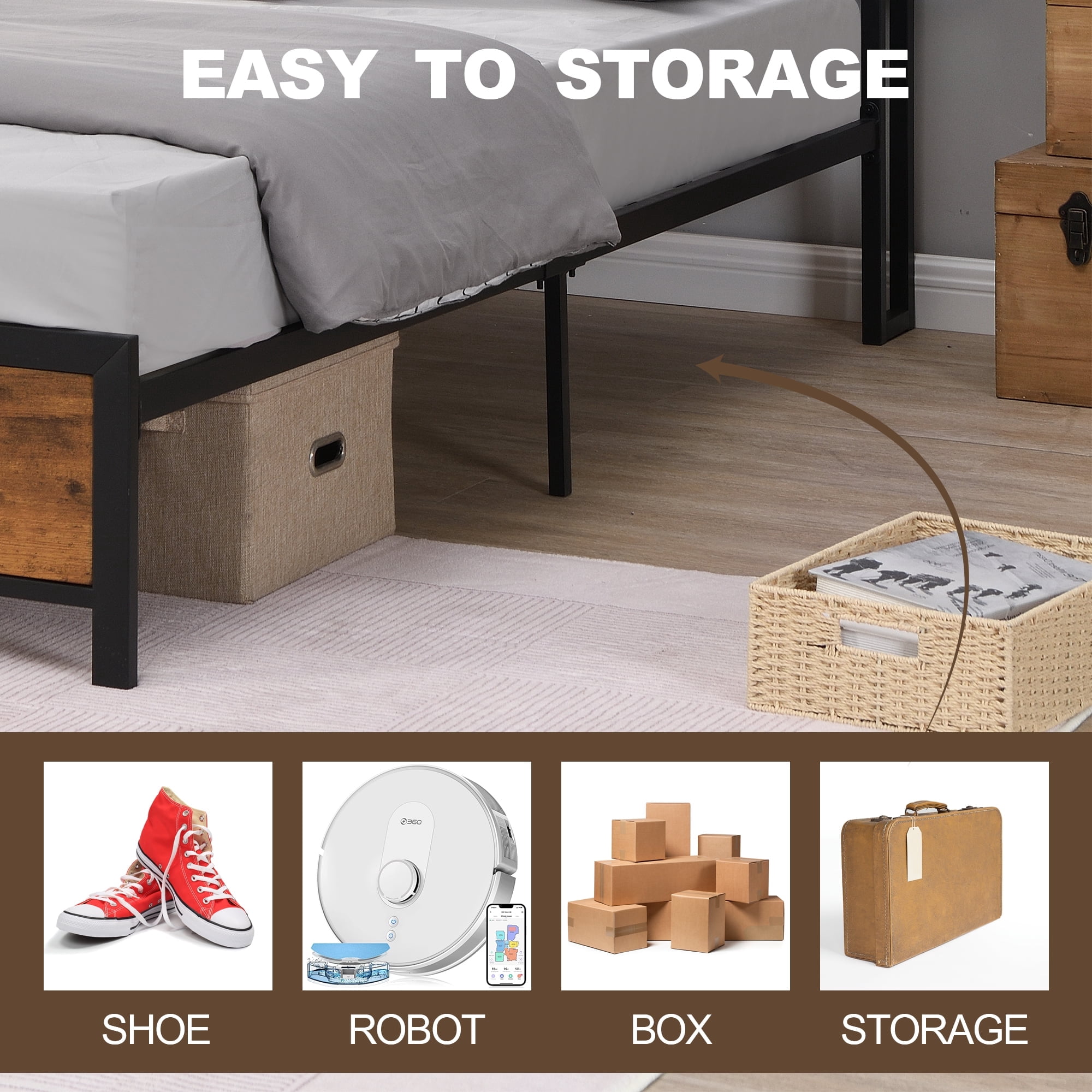 Leumius Full Size Bed Frame with LED Lights and 2 USB Ports,Industrial Platform Bed with Under-Bed Storage and Wooden Headboard,Noise Free,Rustic Brown
