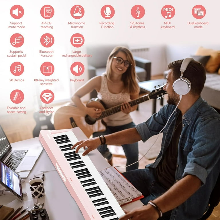 Terence, Portable Piano Keyboard, Pink, 88 Keys, Bluetooth