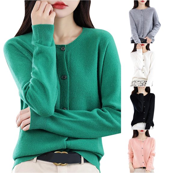 HCYSFG Womens Solid Color Cardigan Sweater Round Neck Button Down Long Sleeve Classic Fit Knit Casual Fall Office Daily Layering Jacket