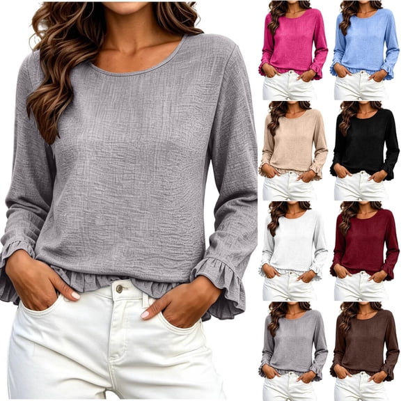 Womens Flounce Sleeve Blouses Crew Neck Loose Fit Elegant Casual Fall Long Ruffle Sleeve Office Shirt Gray S-2XL