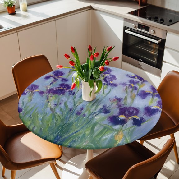 Round Fitted Tablecloth with Elastic Edge, Watercolor Iris Purple Flower Fitted Table Cloth for Round Tables 36-44in, Spring Floral Green Leaves Waterproof Tablecloth for Outdoor Picnic Party