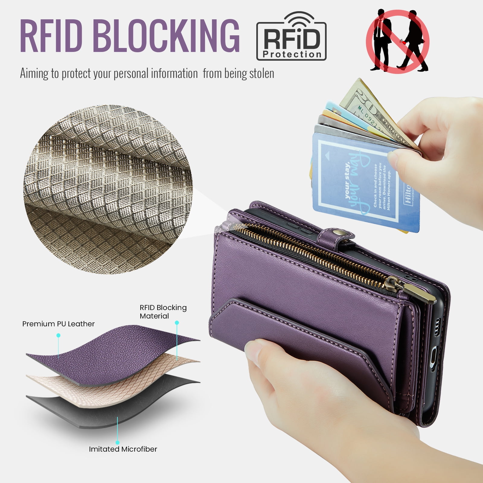 Asuwish Compatible with Samsung Galaxy S22 5G Zipper Wallet Phone Case Tempered Glass Screen Protector Crossbody Lanyard Strap Flip Card Holder Slot Cell Cover for S 22 22S 4G G5 6.1 Women Purple