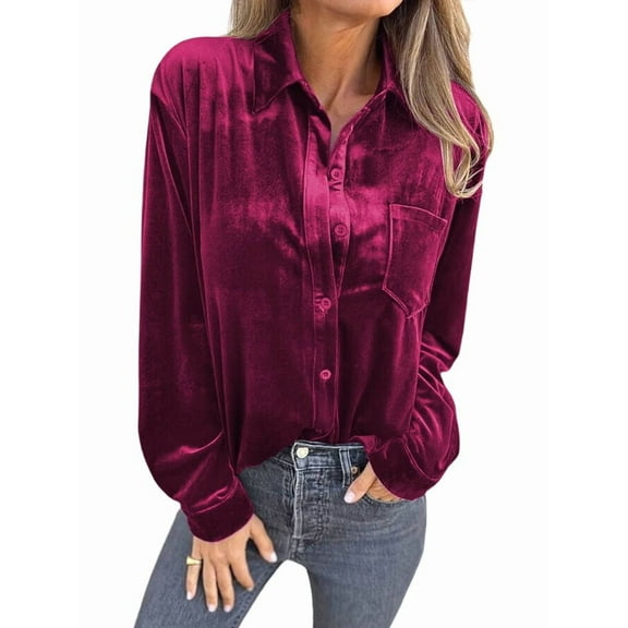 Womens Winter Velvet Long Sleeve Button Down Casual Tops Shirts Wine Red L
