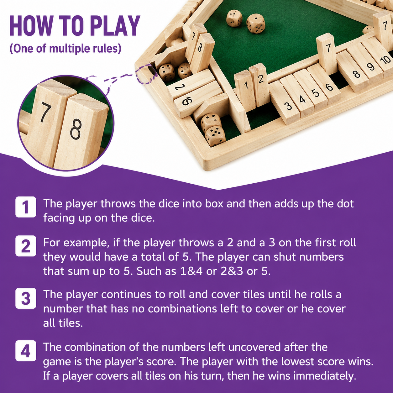 1-4 Jugadores Shut The Box Juego de dados, juego de mesa de madera tradicional para adultos y niños, juego de mesa de estrategia matemática para diversión familiar 2