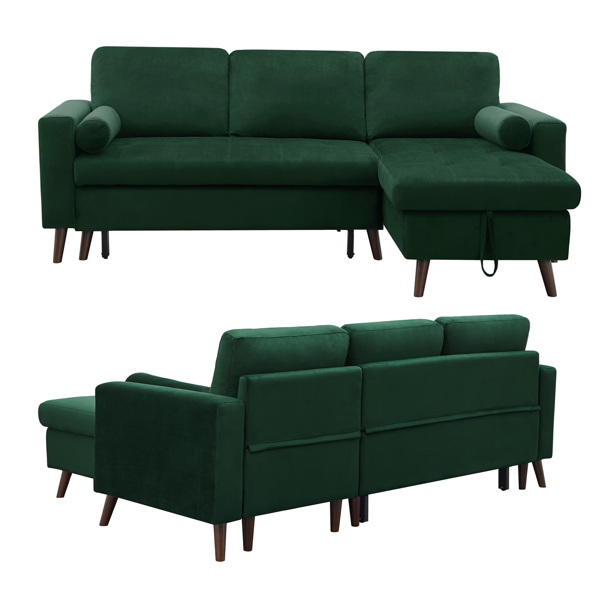 Aukfa 88" Convertible Sectional Sleeper Sofa- Pull Out Sofa Bed with Storage Chaise for Living Room, Velvet - Green