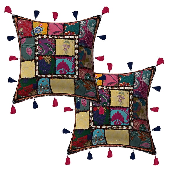 Stylo Culture Indian Decorative Throw Pillow Covers Patchwork 16 x 16 Embroidered Cowrie Black Boho Hippy 40cm x 40cm Lounge Decor Cotton Sea Shell Tassels Square Cushion Covers | Set Of 2