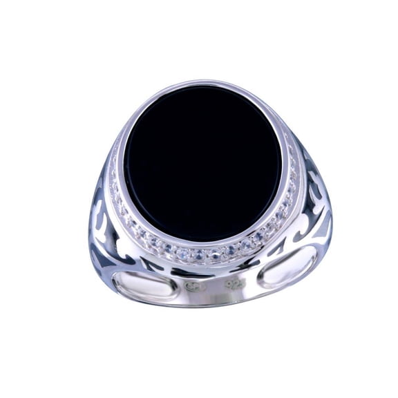 Rhodium Plated 925 Sterling Silver Men's Flat Oval Onyx Ring Band White CZ Female Size 12