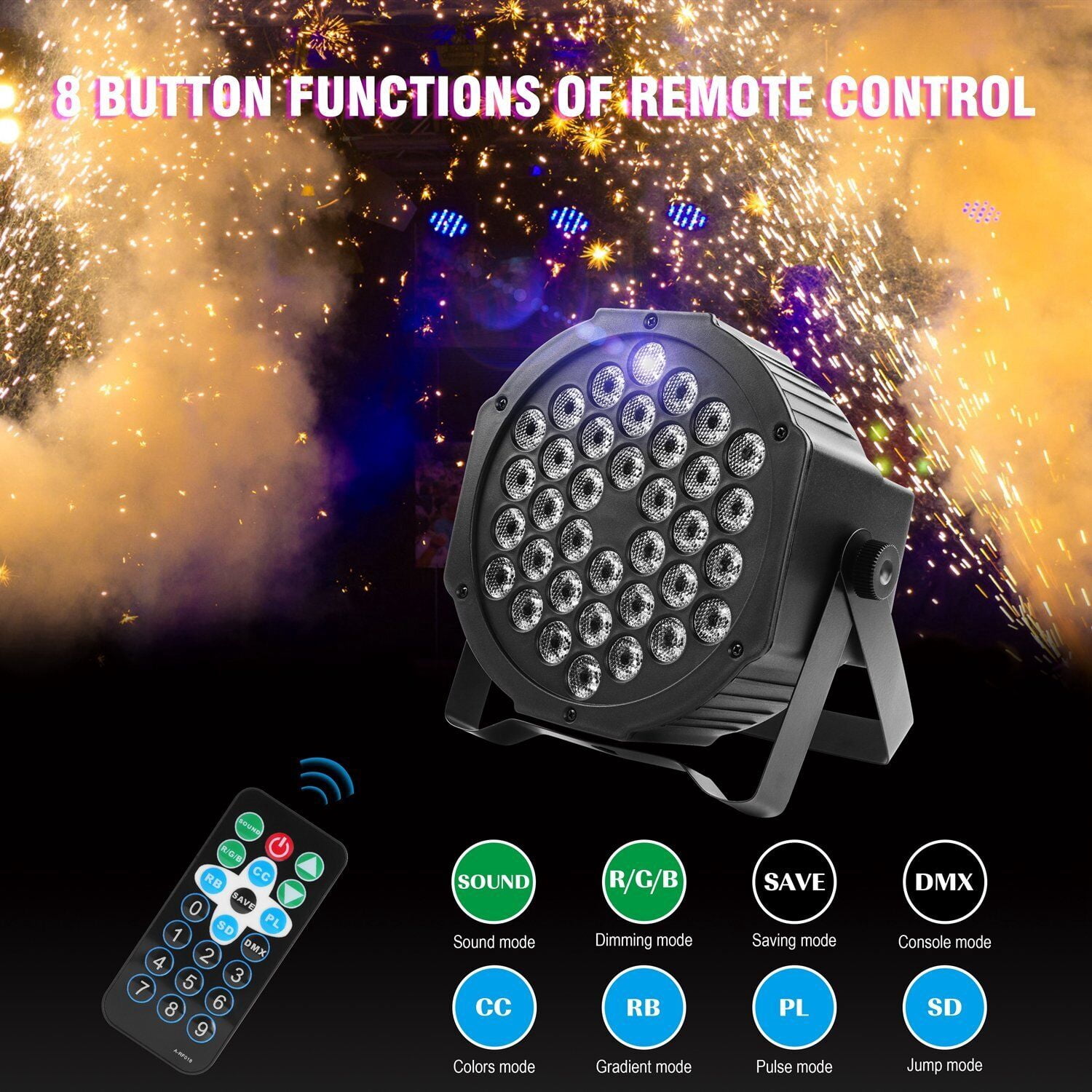 Stage Lights 36 LED Par Lights, RGB Uplights Stage Lighting Indoor for Christmas Halloween Music Party Disco Wedding, Remote Control, DMX Control Sound Activated Party Lights,4 Pack
