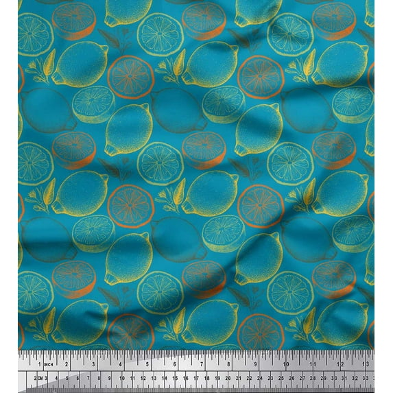Soimoi Blue Poly Georgette Fabric Lemon Slice Vegetable Print Fabric by Yard 42 Inch Wide