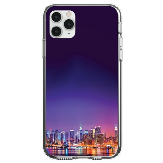 DistinctInk Clear Shockproof Hybrid Case for iPhone 11 Pro (5.8" Screen) - TPU Bumper, Acrylic Back, Tempered Glass Screen Protector - New York Skyline Night - The Big Apple