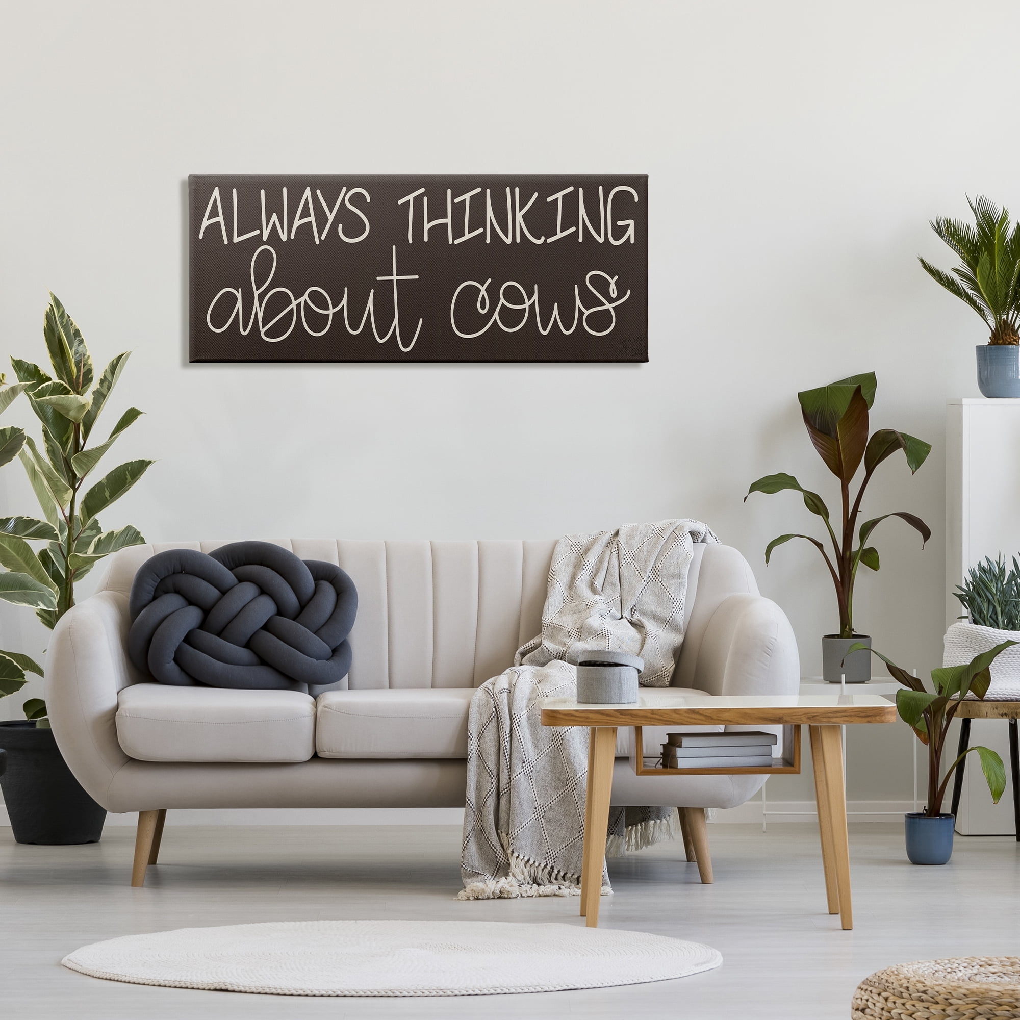 Stupell Industries Thinking About Cows Always Phrase Farm Animal Landscape Painting Gallery Wrapped Canvas Print Wall Art, 20 x 48