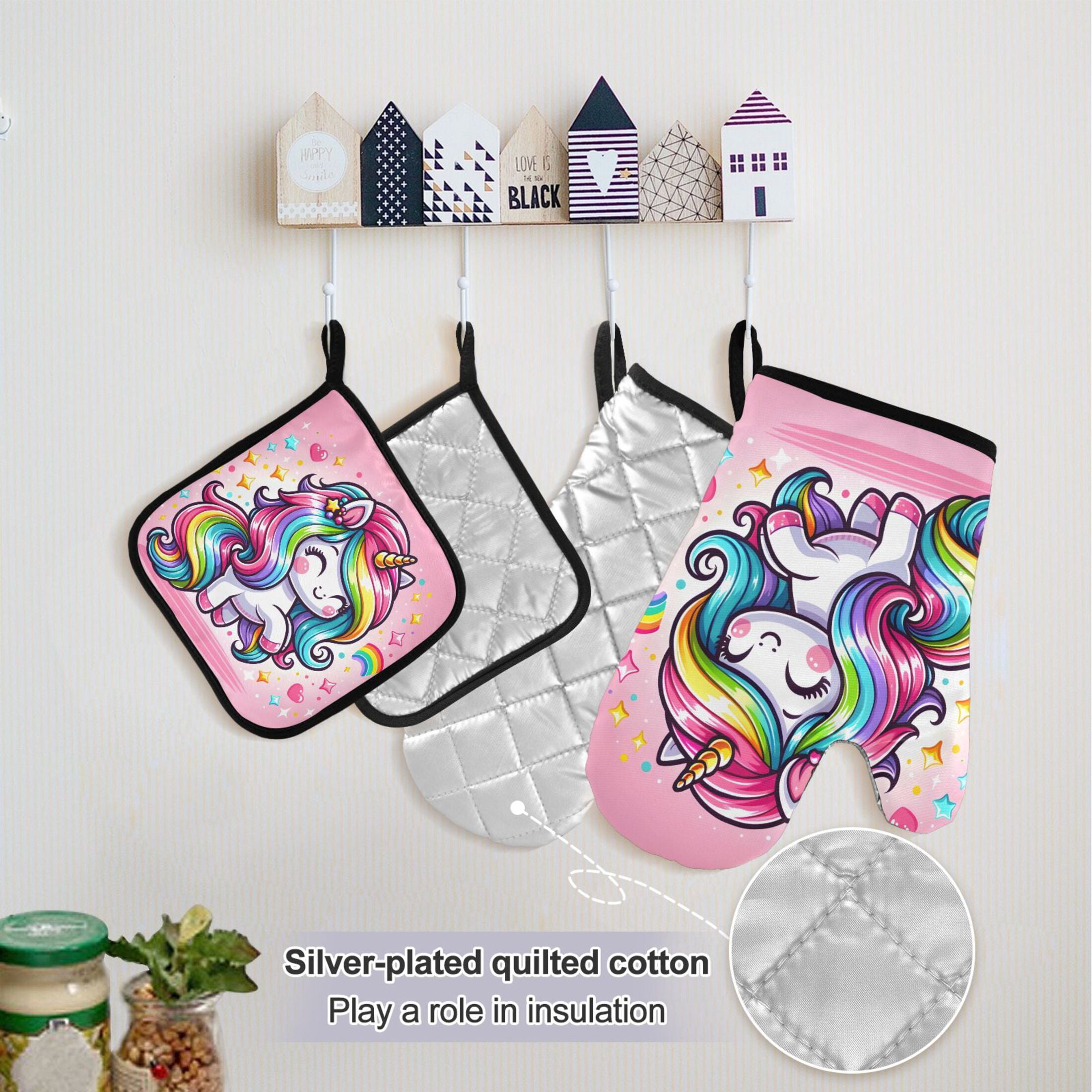 Cute Cartoon Rainbow Unicorn 5 Pcs Kitchen Set Heat Resistant Oven Mitts and Non-Slip Pot Holders with Adjustable Cooking Apron