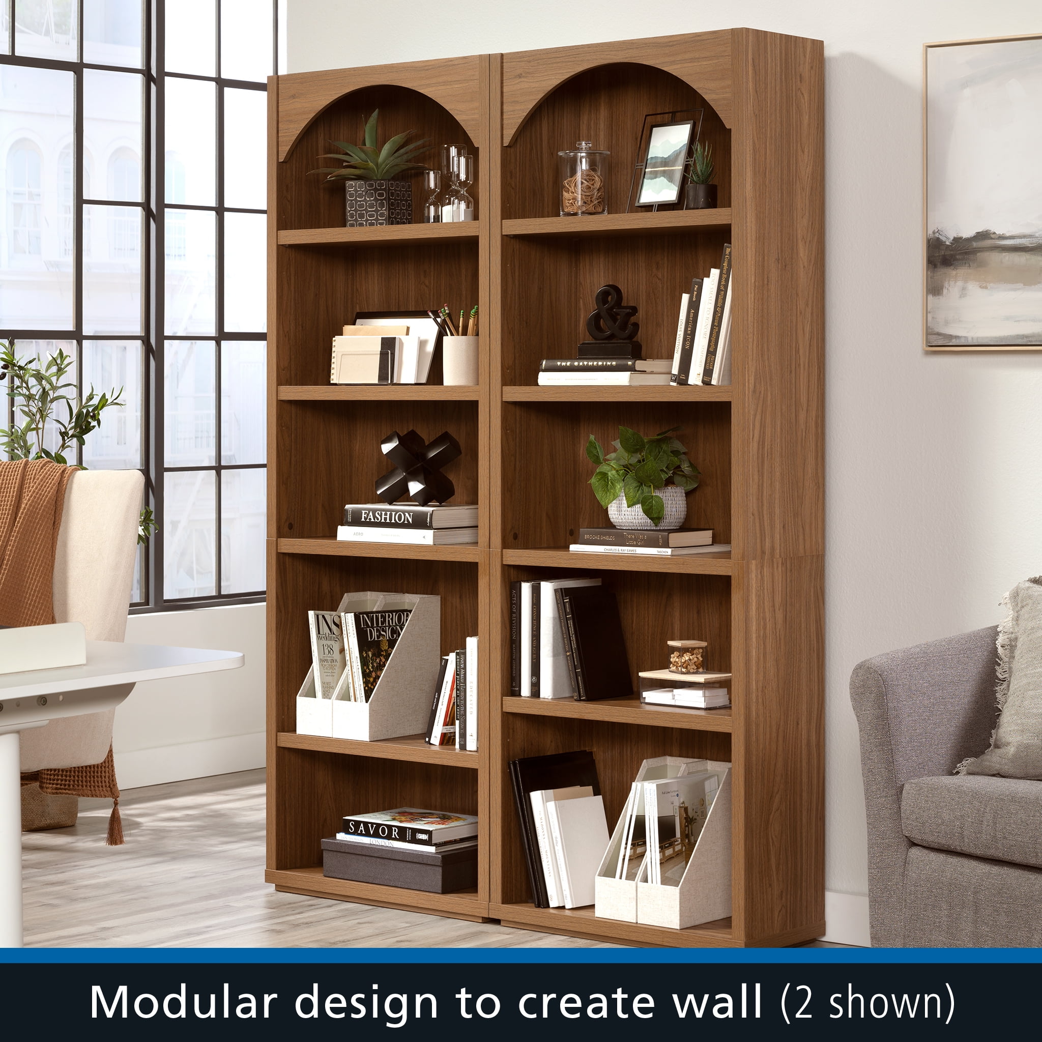 Mainstays 5 Shelf Westley Arch Bookcase, Warm Walnut Finish
