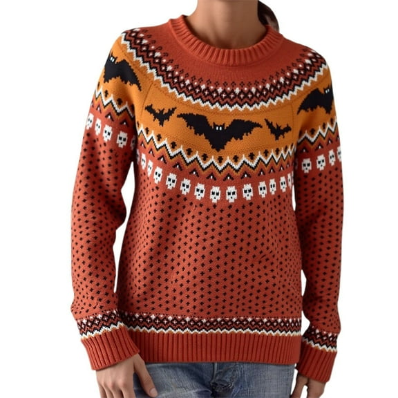 LEKDFST Womens Fair Isle Pullover Sweaters Long Sleeve Crew Neck Loose Casual Halloween Sweater Fall Winter Pullover Knit Tops Red L