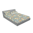 thumbnail image 2 of Floral Fitted Sheet & Pillow Sham Set, Vintage Vibe Rose Illustration Pattern With Foliage on Blue Tone Back, Decorative Printed 3 Piece Bedding Decor, King, Pale Grey Pastel Yellow, by Ambesonne, 2 of 2