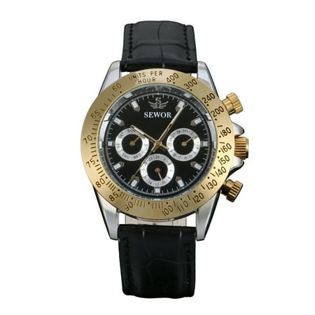 - Black Leather Strap Gold Case Chronograph Dials Clock Mechanical Automatic Watch