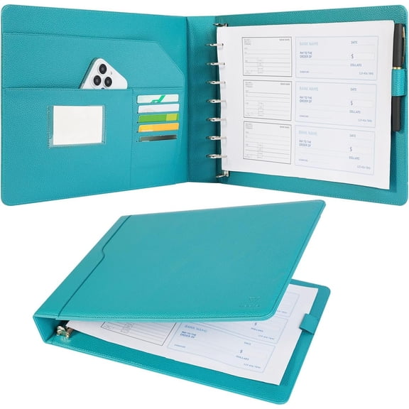 7-Ring Business Check Binder for 9 x 13 Sheets, 600 Checks Capacity PU Leather Portfolio with Storage Organizer & Zippered Pouch for 3--a-Page Business Checks