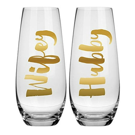 Stemless Flute Glass - Hubby Wifey Champagne Glass Set - 10 oz Stemless Champagne Glasses (Perfect Wedding Gift or Newlywed Gift)