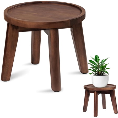 Indoor Plant Stand, 8 in Tall Acacia Wood Plant Shelf, Dark Brown | Wooden Plant Shelf with Spill-Proof Tray for Heavy Pots, Living Room, Patio & Garden Decor, Pot Pedestal
