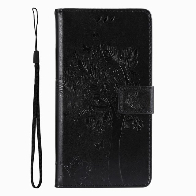 Wallet Case For Huawei P Smart 2018 2019 2020 2021 P8 P9 P20 P30 P40 Lite Pro 2017 Cute Cat Tree Card Slots Protect Cover D06F Black For P10 Plus