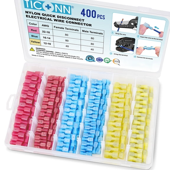 TICONN 400pc Nylon Spade Quick Disconnect Connectors Kit, Wire Crimp Terminals