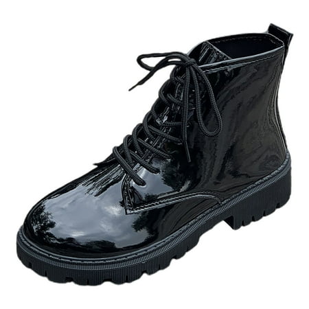 

Ladies British Style Solid Color Bright Leather Lace Up Thick Heel Short Boots