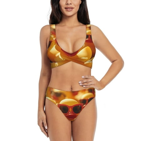 Zeuib Sunglasses Yellow Duck High Waisted Tummy Control Bikini Set - Knot Front Push Up Top & Cheeky Thong Bottom  Two-Piece Swimsuit for Women-X-Large
