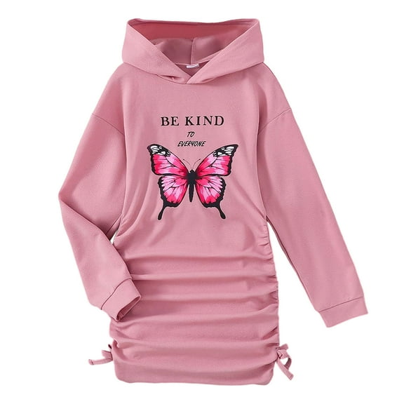 Likimi Children Girls Autumn Winter Dress Hooded Long Sleeve Print Drawstring Casual Fashionable Dress Size 9-10 Years Pink