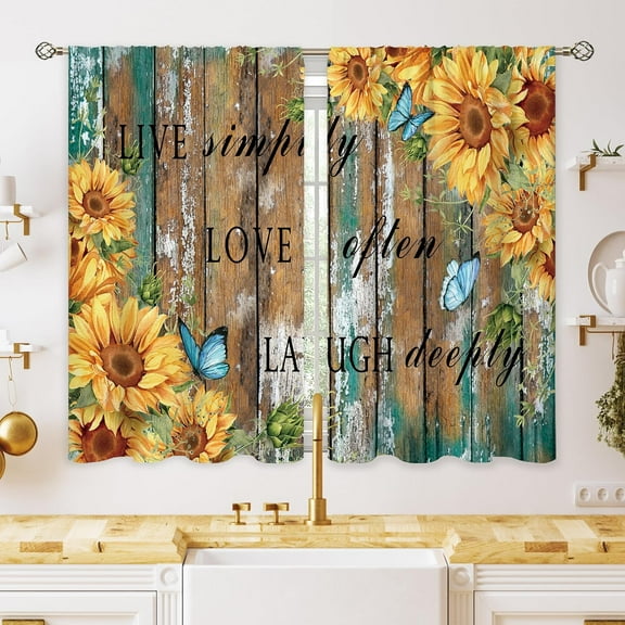 Teal Wooden Farmhouse Sunflower Small Kitchen Curtains Rustic Flower Treatment Country Inspirational Cafe Short Window Curtains for Bathroom Dining Room Tier Treatment Drapes 27.5x39 inch