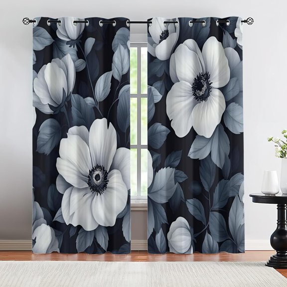 Black White Botanical Blackout Curtains, Floral Nature Drapes for Bedroom, Living Room, Kitchen Decor, Grommet Window Treatments 26"W x 45"L (2 Pack)