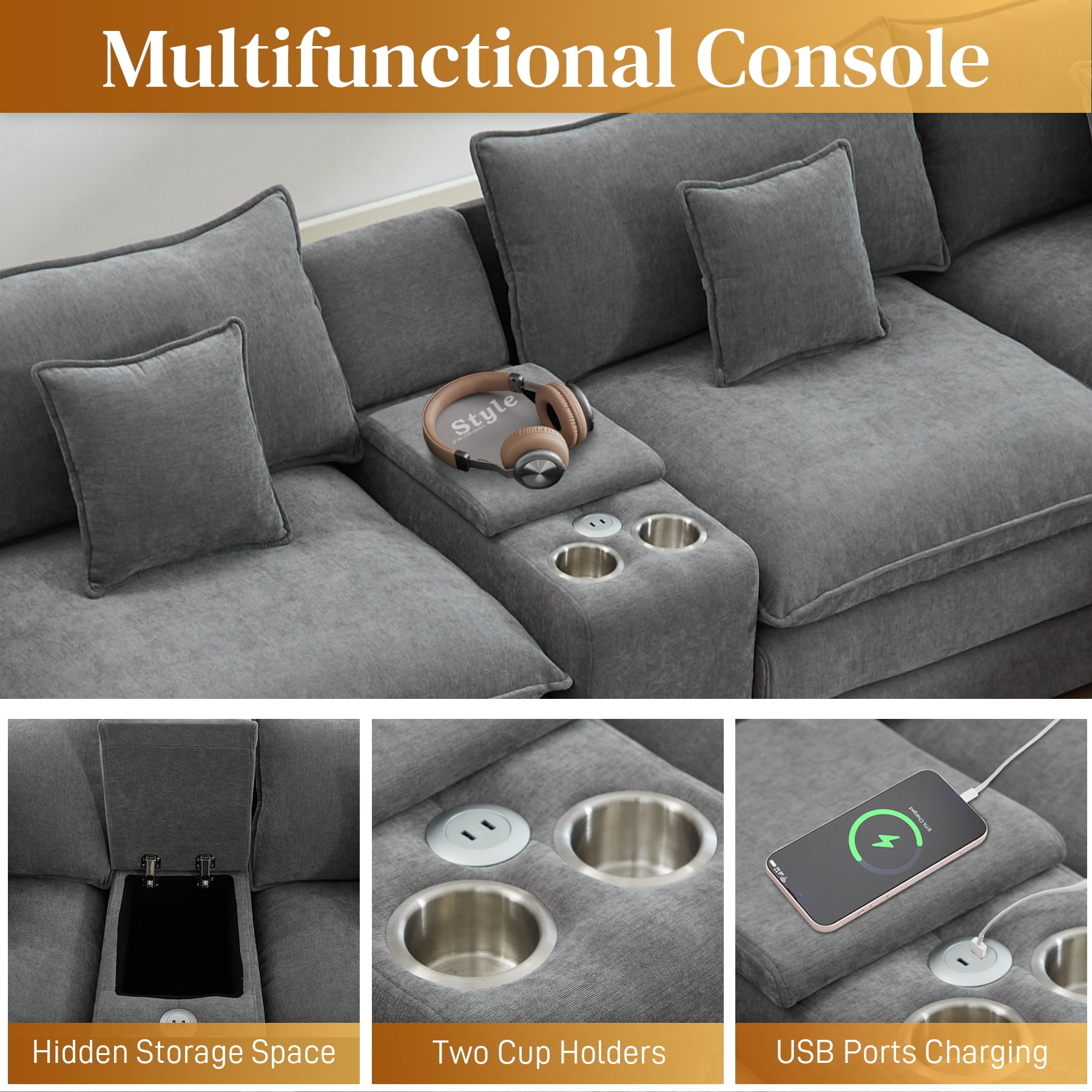 avobird Oversided 145" U Shaped Cloud Couch Sectional, DeepSeat Sofa Bed with USB Charging, Hidden Storage, Cup Holders & Chenille Double Chaise, Gray
