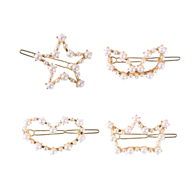 GOOHOCHY 4 pinzas para el pelo huecas con forma de corazón, con diseño geométrico de perlas, para niñas (estrella de cinco puntas, corona, corazón y orejas de conejo).